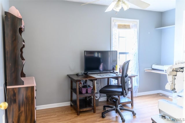 office area featuring light hardwood / wood-style floors and ceiling fan