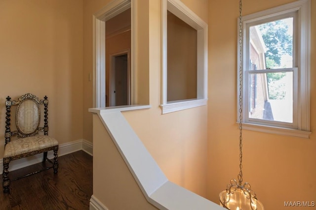 hall featuring dark hardwood / wood-style flooring and a chandelier