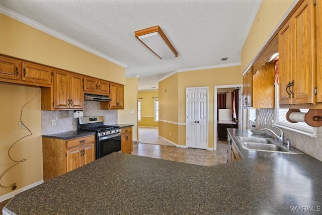 kitchen with stainless steel gas range oven, ornamental molding, light tile patterned floors, and sink