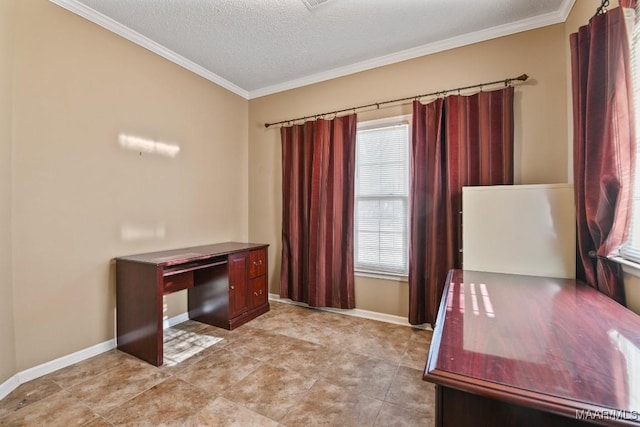 unfurnished office featuring a textured ceiling and crown molding