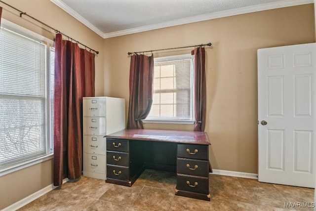 tiled home office with crown molding