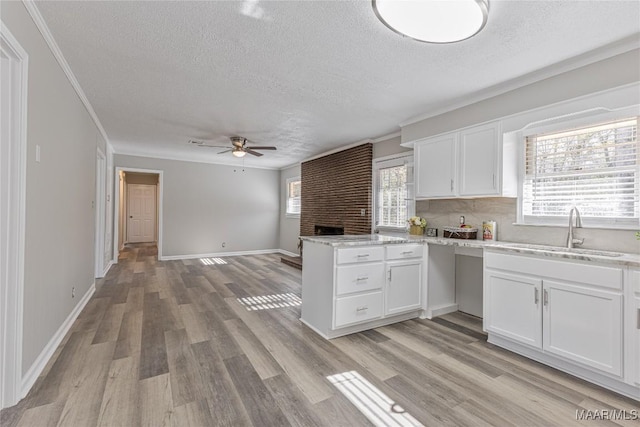 kitchen featuring a peninsula, light wood-type flooring, a sink, and white cabinetry