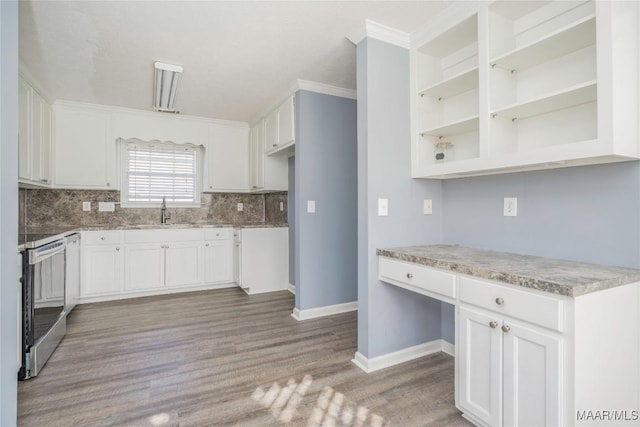 kitchen with stainless steel range with electric cooktop, decorative backsplash, light wood-type flooring, white cabinets, and sink