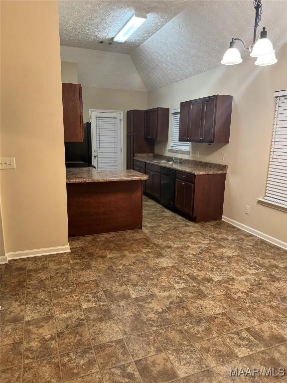 kitchen featuring dark brown cabinetry, black appliances, decorative light fixtures, a notable chandelier, and vaulted ceiling