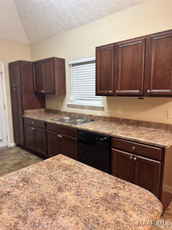 kitchen with dark brown cabinets, sink, and black dishwasher