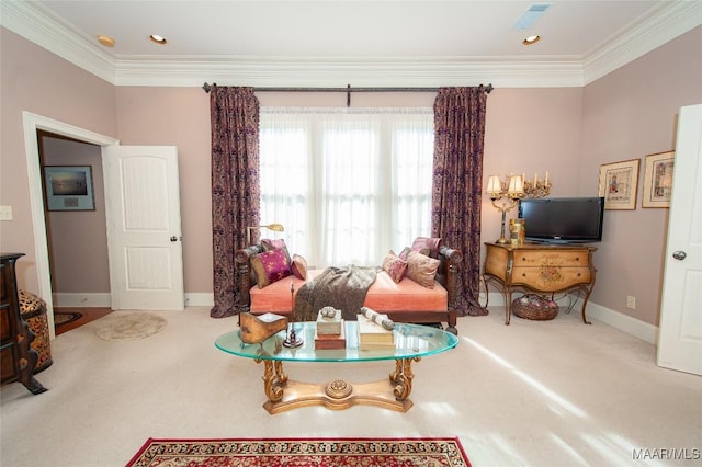 living room featuring carpet floors and ornamental molding