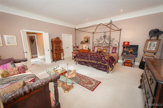 bedroom with light colored carpet and crown molding