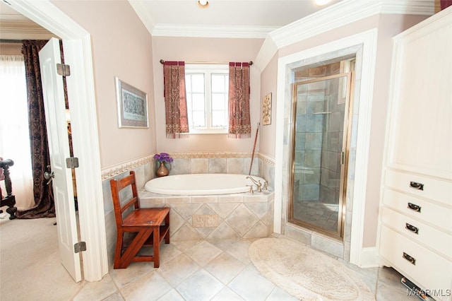 bathroom with tile patterned flooring, independent shower and bath, and crown molding