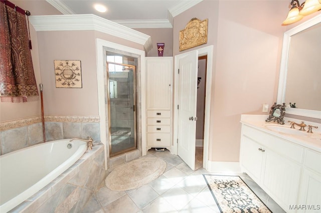 bathroom with vanity, crown molding, and shower with separate bathtub