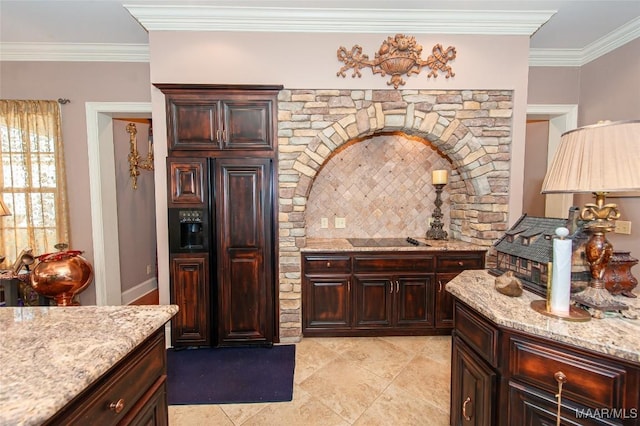 kitchen featuring ornamental molding, decorative backsplash, dark brown cabinetry, and light stone countertops