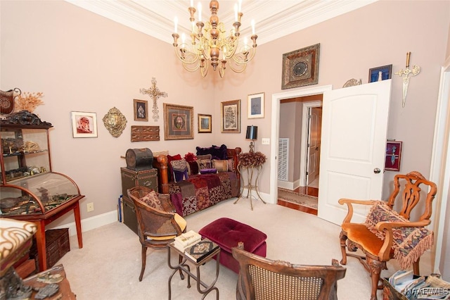 living area featuring carpet, crown molding, and a notable chandelier