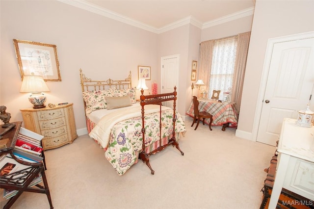 carpeted bedroom featuring crown molding