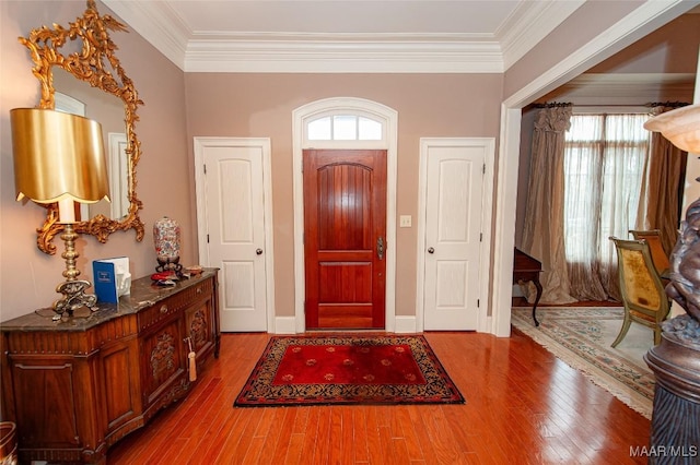 entrance foyer with a wealth of natural light, ornamental molding, and hardwood / wood-style flooring