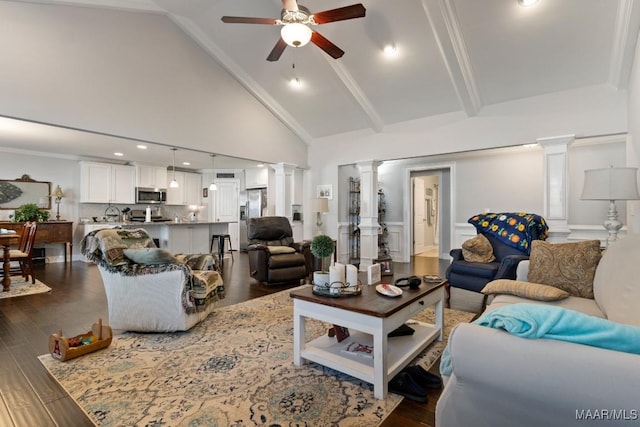 living room with ceiling fan, beam ceiling, dark hardwood / wood-style floors, and high vaulted ceiling