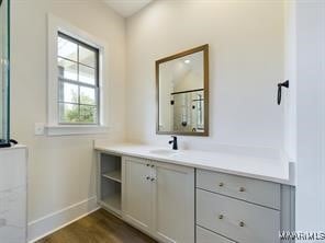 bathroom featuring wood finished floors, vanity, and baseboards