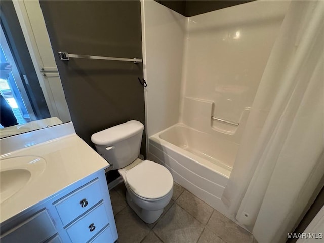 full bathroom with toilet, vanity, shower / bath combo, and tile patterned flooring