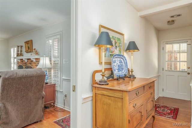 doorway featuring a wealth of natural light, light hardwood / wood-style flooring, and a fireplace