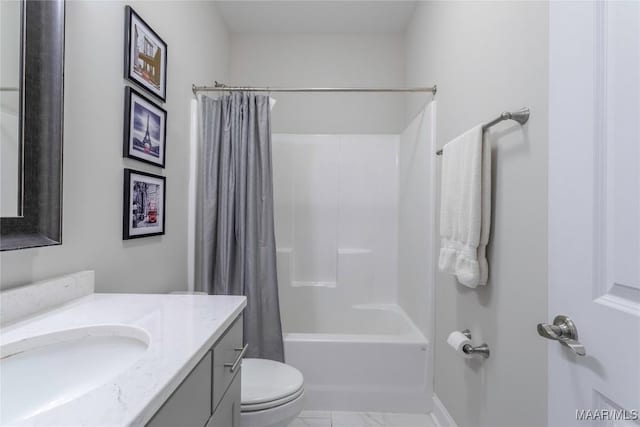 full bathroom featuring toilet, vanity, and shower / bath combination with curtain