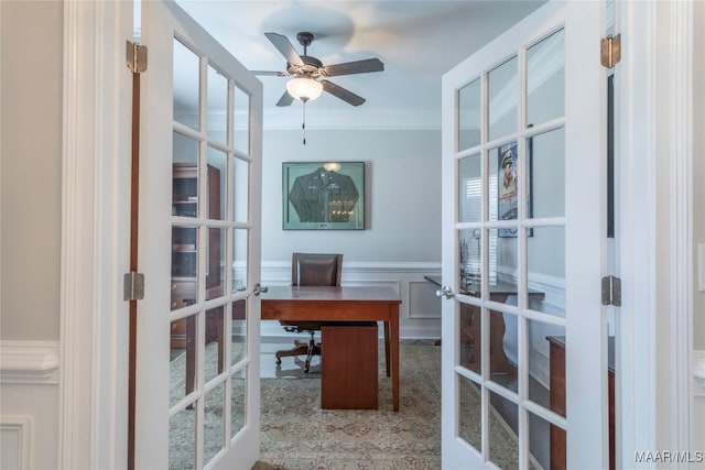 office space with ceiling fan, french doors, and crown molding