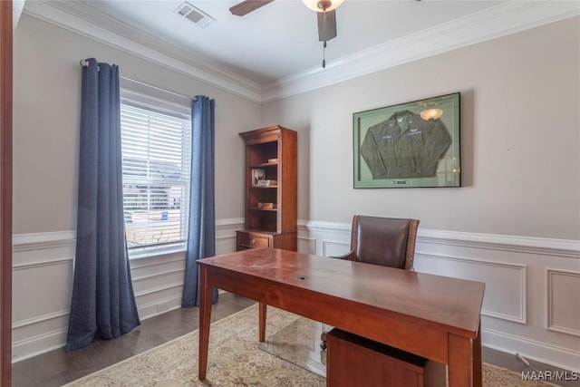 office featuring ceiling fan, dark hardwood / wood-style flooring, and ornamental molding