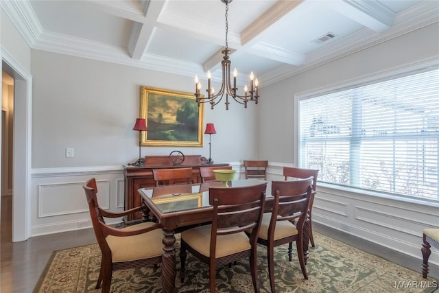 dining room featuring ornamental molding, beam ceiling, a notable chandelier, and coffered ceiling