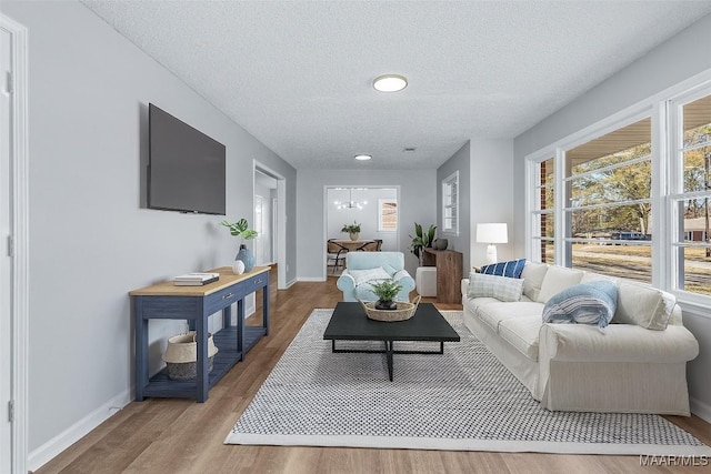 living room with a textured ceiling, light hardwood / wood-style flooring, and a healthy amount of sunlight