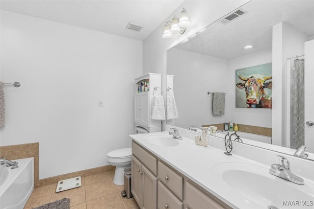 bathroom with tile patterned flooring, vanity, a bathtub, and toilet