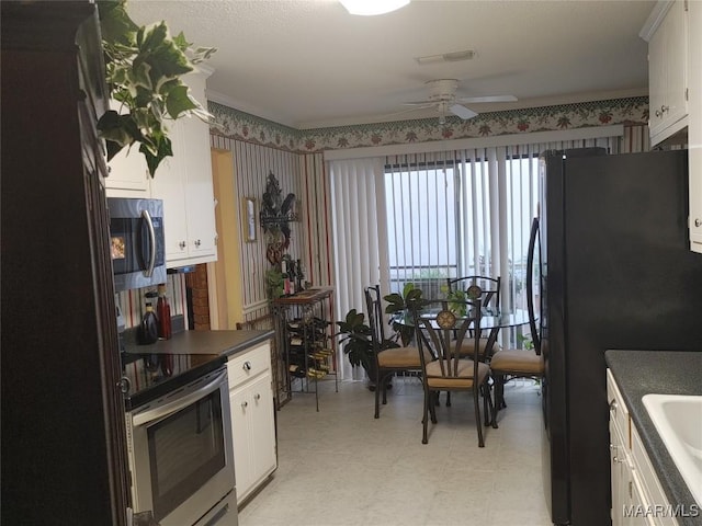 kitchen featuring ceiling fan, appliances with stainless steel finishes, white cabinets, and sink