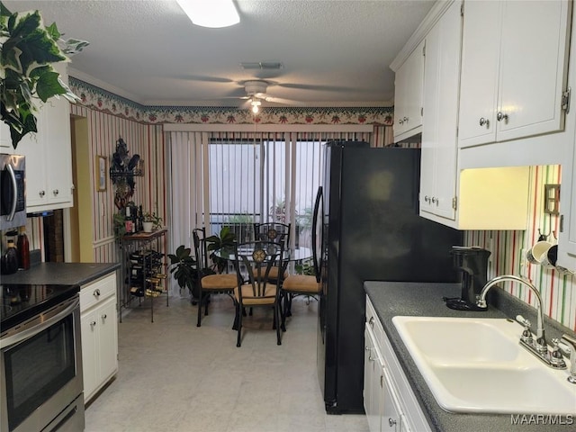 kitchen with ceiling fan, sink, white cabinets, and appliances with stainless steel finishes