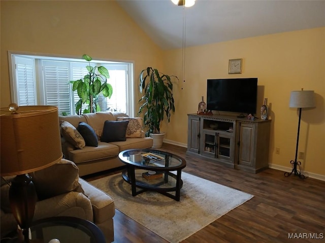 living room with high vaulted ceiling and dark wood-type flooring