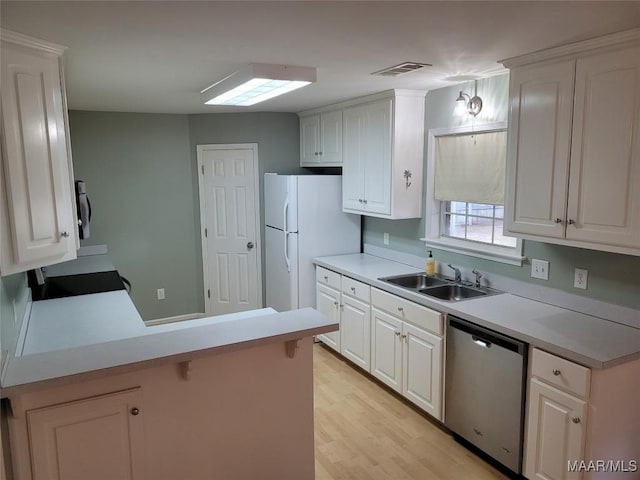 kitchen with kitchen peninsula, dishwasher, and white cabinets