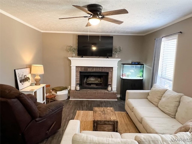 living room featuring ceiling fan, dark hardwood / wood-style floors, a fireplace, crown molding, and a textured ceiling