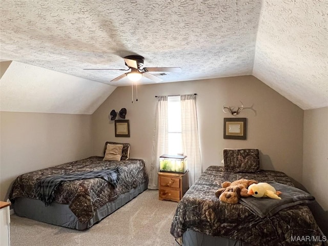 bedroom featuring ceiling fan, light colored carpet, a textured ceiling, and lofted ceiling