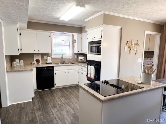 kitchen with black appliances, a textured ceiling, crown molding, white cabinets, and sink