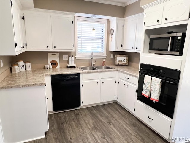 kitchen featuring black appliances, white cabinetry, dark hardwood / wood-style flooring, sink, and crown molding