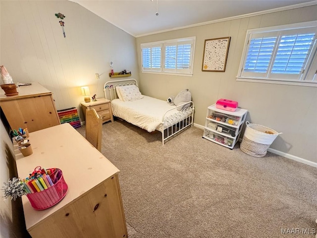 carpeted bedroom featuring lofted ceiling and ornamental molding