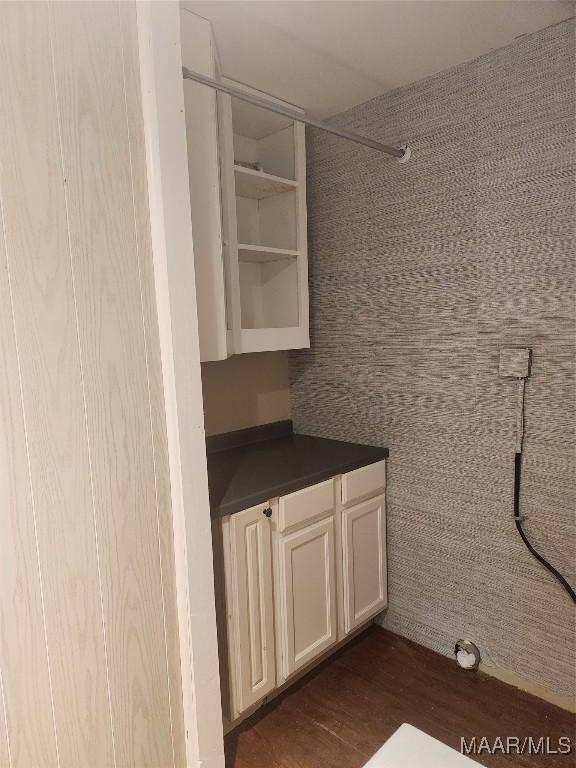 clothes washing area featuring dark hardwood / wood-style flooring