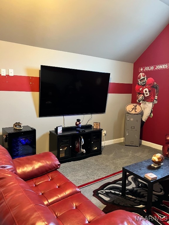 carpeted living room with lofted ceiling