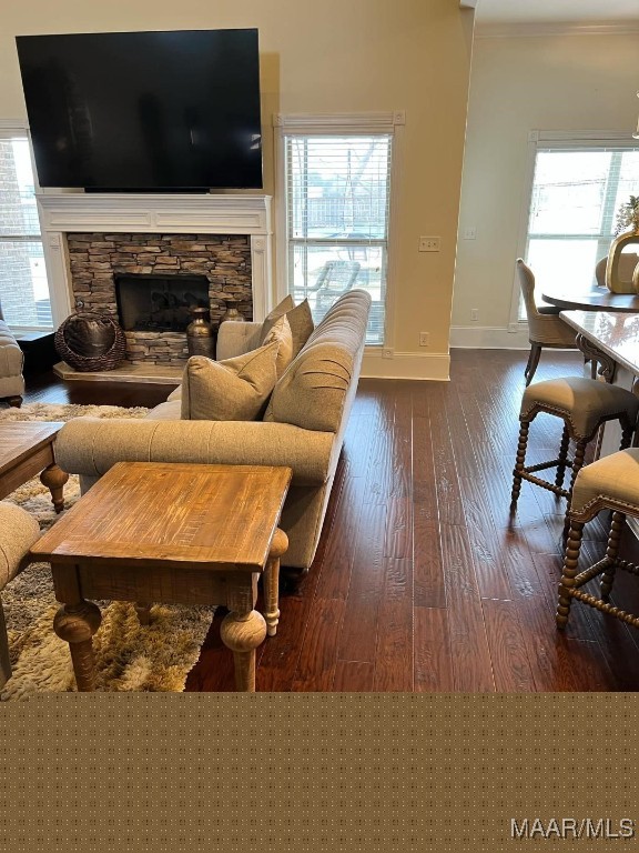 living room featuring crown molding, a fireplace, and dark hardwood / wood-style floors