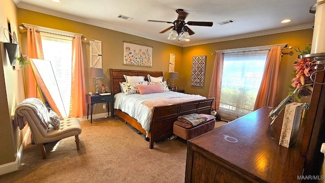 137 Scott Ln, Prattville, AL 36066 - bedroom featuring light colored carpet, ornamental molding, a ceiling fan, access to outside, and recessed lighting