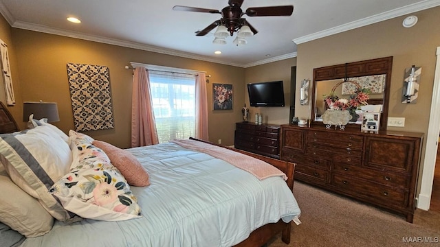 137 Scott Ln, Prattville, AL 36066 - carpeted bedroom featuring recessed lighting, crown molding, and ceiling fan