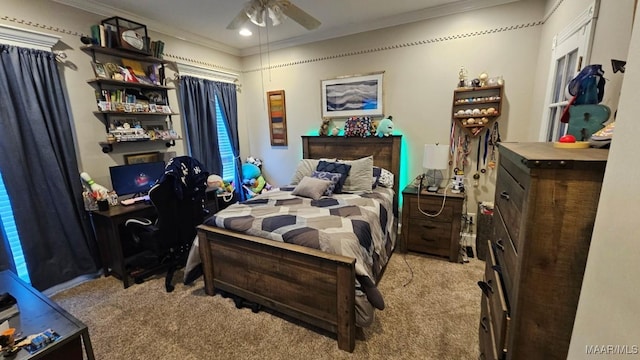 137 Scott Ln, Prattville, AL 36066 - bedroom featuring crown molding, light colored carpet, an office area, and ceiling fan