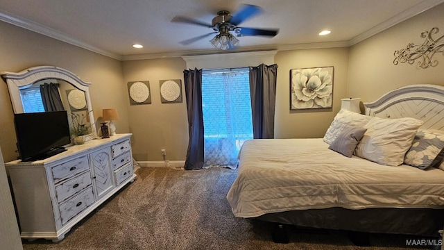 137 Scott Ln, Prattville, AL 36066 - bedroom with dark carpet, recessed lighting, crown molding, and a ceiling fan