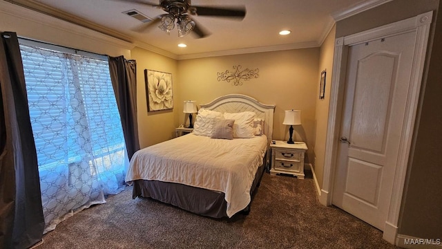 137 Scott Ln, Prattville, AL 36066 - bedroom featuring dark carpet, recessed lighting, ornamental molding, and a ceiling fan