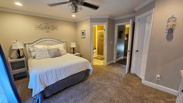 137 Scott Ln, Prattville, AL 36066 - bedroom featuring carpet, recessed lighting, connected bathroom, ornamental molding, and a ceiling fan
