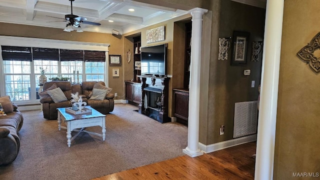137 Scott Ln, Prattville, AL 36066 - living room featuring ceiling fan, ornamental molding, beam ceiling, wood finished floors, and coffered ceiling