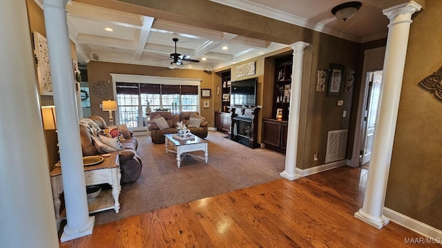 137 Scott Ln, Prattville, AL 36066 - living room with decorative columns, a ceiling fan, coffered ceiling, wood finished floors, and beamed ceiling