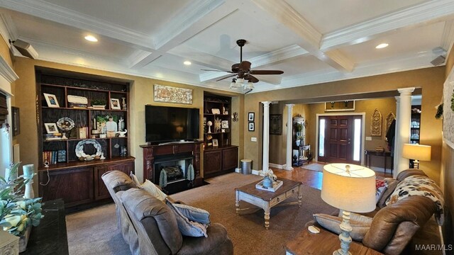 137 Scott Ln, Prattville, AL 36066 - carpeted living area featuring decorative columns, crown molding, coffered ceiling, a ceiling fan, and beamed ceiling