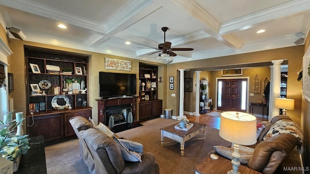 137 Scott Ln, Prattville, AL 36066 - living area featuring ornate columns, coffered ceiling, crown molding, a ceiling fan, and beamed ceiling