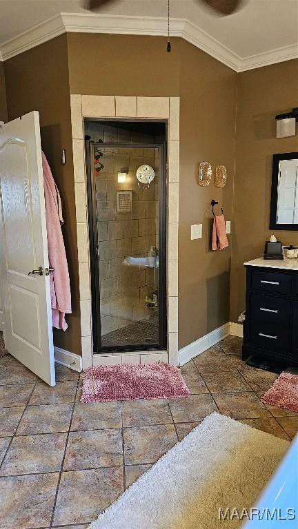 137 Scott Ln, Prattville, AL 36066 - bathroom featuring ornamental molding, vanity, and a shower stall